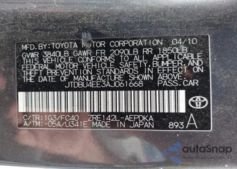 2010 Toyota Corolla Le из США, поврежденный, VIN JTDBU4EE3AJ061668